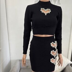 Elegant Black Heart-Embellished Skirt Set